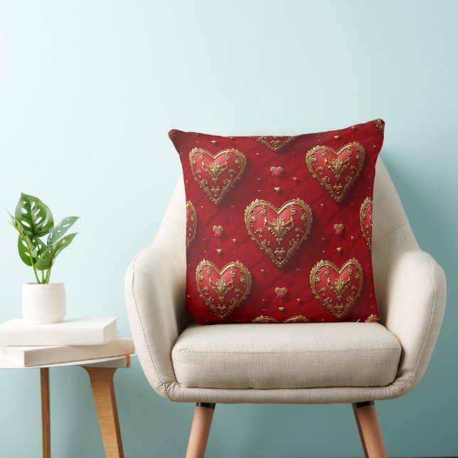 COUSSIN ORNATE ROUGE ET OR VALENTINE AIME LES COEURS (Chaise)
