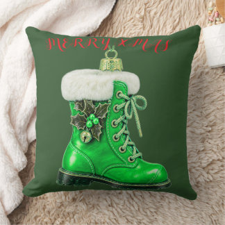 Coussin Ornement de bottes festives vertes de Noël joyeux