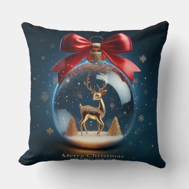 Coussin Ornement de cerfs d'or dans un Bauble de Noël (Recto)