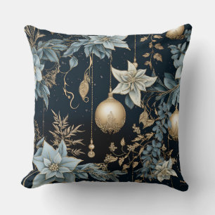 Coussin Ornements de Noël bleu et or Poinsettias