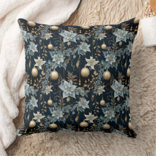 Coussin Ornements de Noël bleu et or Poinsettias