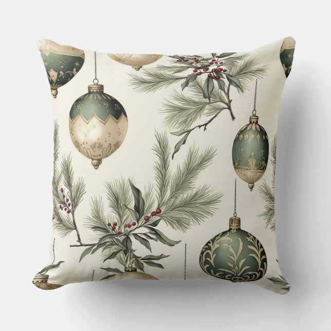 Coussin Ornements de Noël Sage Green et Gold (Recto)