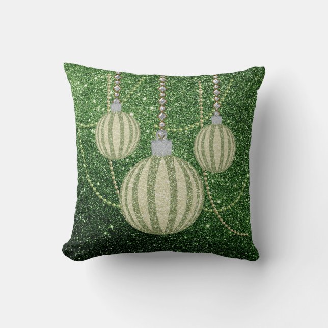 Coussin Ornements verts de boule de Noël de GlitterTexture (Recto)