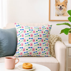Coussin Os de chien Woof Rose Bleu Vert Motif