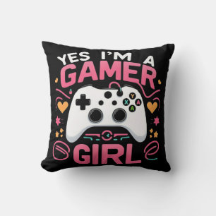 Coussin Oui je suis une fille Gamer : manette rose et blan