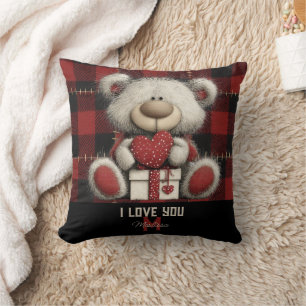 Coussin Ours à carreaux rouges Je t'aime Nom personnalisé