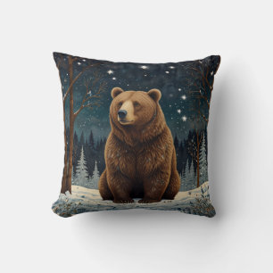 Coussin Ours brun rétro paysage d'hiver de minuit