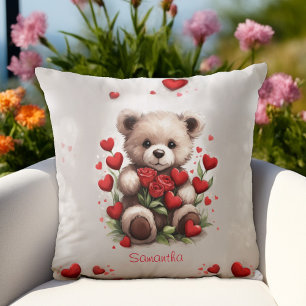 Coussin Ours de la Saint-Valentin mignon avec des roses ro