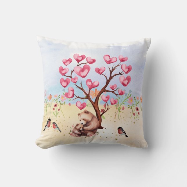 Coussin Ours de maman et de bébé Arbre de Saint Valentin (Recto)