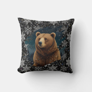 Coussin Ours de Noël rétro paysage enneigé minuit