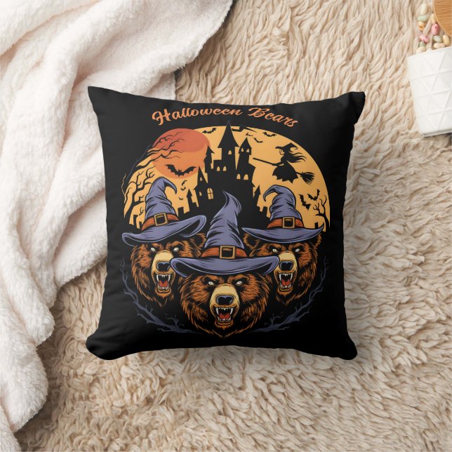 Coussin Ours d'Halloween en casquette sorcier la nuit (Couverture)