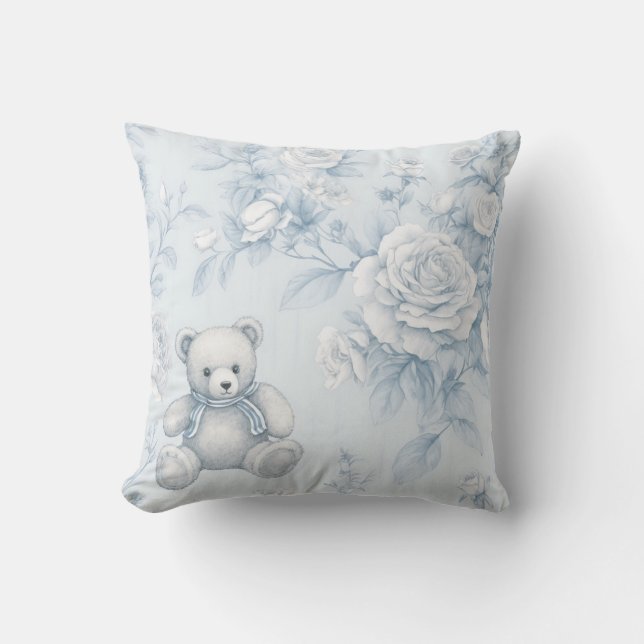 Coussin ours en peluche avec roses bleus (Recto)