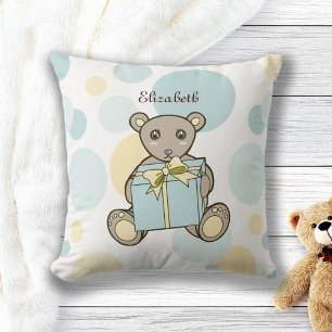 Coussin Ours en peluche bleu pastel jaune personnalisé mig