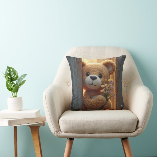 Coussin Ours en peluche Brown tenant un bouquet Fleur sauv (Chaise)