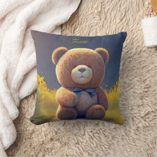 Coussin ours en peluche dans une prairie, enfants mignons
