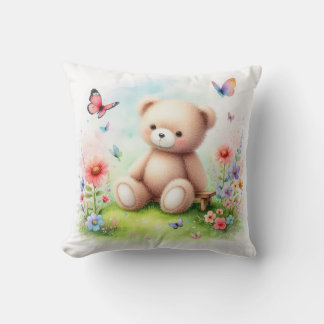 Coussin Ours en peluche et papillons