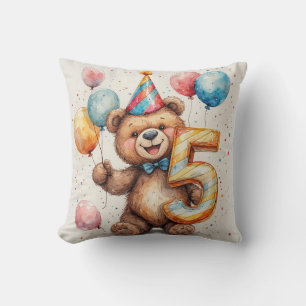 Coussin Ours mignon d'anniversaire avec ballons et chapeau