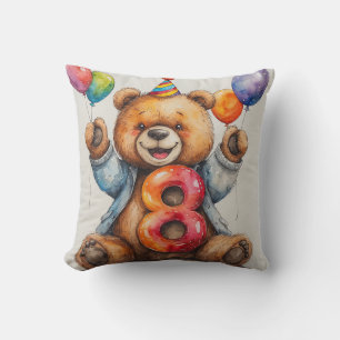Coussin Ours mignon d'anniversaire avec ballons et chapeau