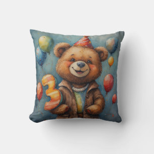 Coussin Ours mignon d'anniversaire avec ballons et chapeau