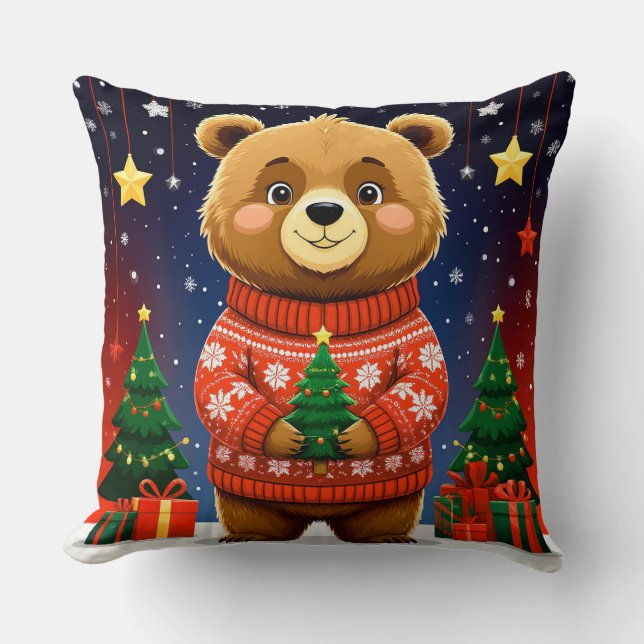 Coussin Ours mignon en pull de Noël (Recto)
