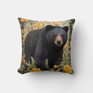 Coussin Ours Noir Et Fleurs De Beurre Jaune