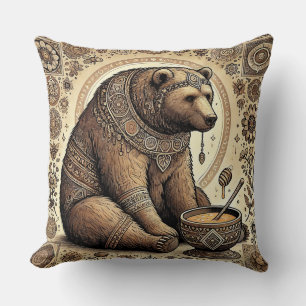 Coussin Ours Orné Entouré de Mandala et de Miel