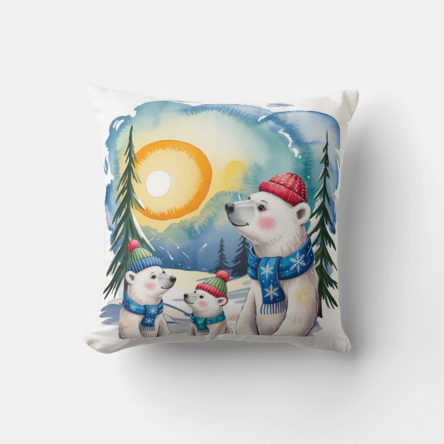 Coussin Ours polaire d'hiver Noël de famille (Recto)
