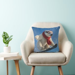 Coussin Ours polaire en plein vol sur un snowboard