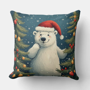 Coussin Ours polaire heureux en chapeau de Père Noël