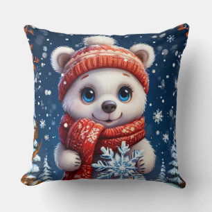Coussin Ours polaire mignon en écharpe d'hiver