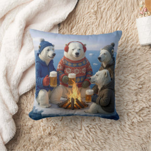 Coussin Ours polaires buvant de la bière autour d'un feu d