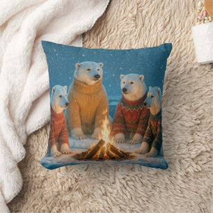 Coussin Ours polaires de Noël autour d'un feu de joie