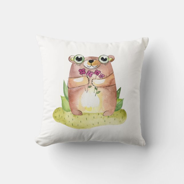 Coussin Ourson mignon bébé. Enfants animal aquarelle. Nurs (Recto)