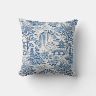 Coussin Pagode en Chinoiserie et Oiseaux à Motif Floral Bl