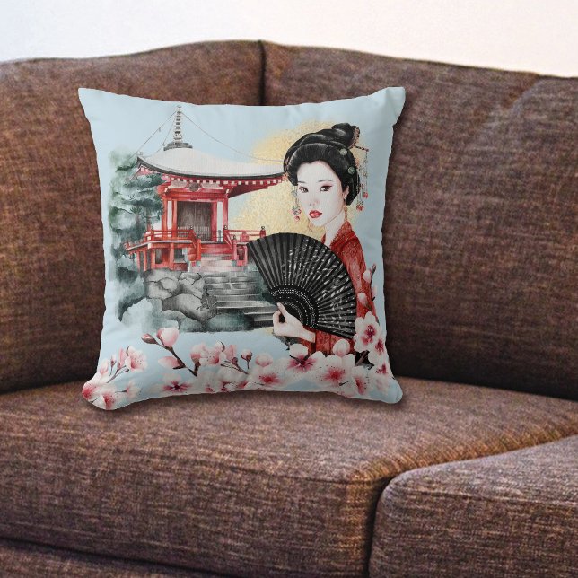 Coussin Pagode japonaise en fleur de cerisier Geisha Girl (Créateur téléchargé)