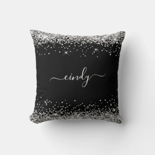 Coussin Pailleté Argent Nom Noir