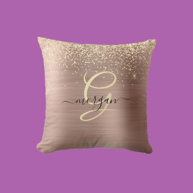 Coussin Paillettes dorées, monogramme doré, nom en script  (Créateur téléchargé)