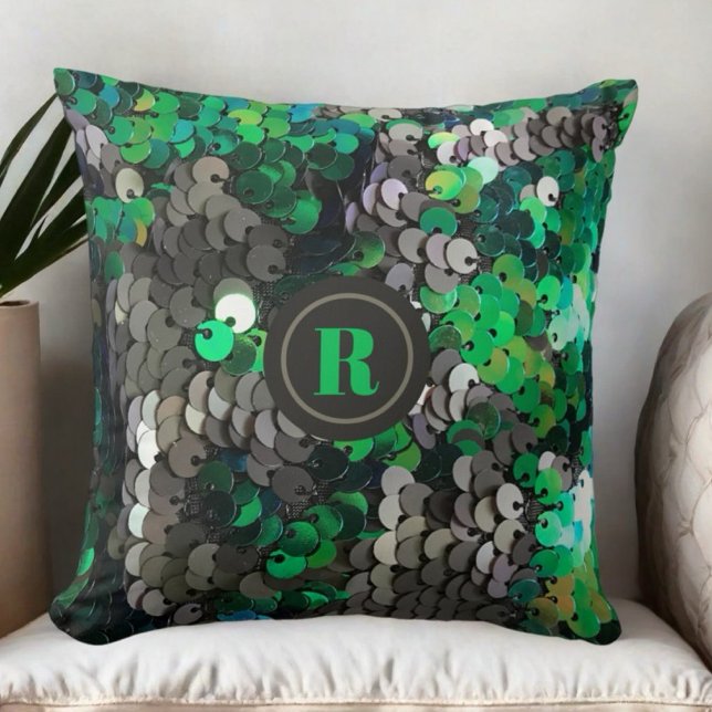 Coussin Paillettes vert gris monogramme brillant élégant (Créateur téléchargé)