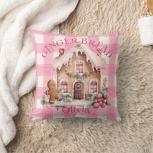 Coussin Pain d'épices Maison rose À damiers personnalisé