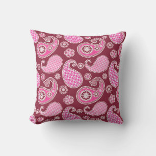 Coussin Paisley motif, Bourgogne, rose et blanc
