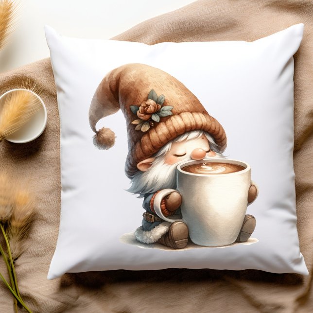 Coussin "Paix, Amour, Café" Joyeux Gnome Boire Café (Happy gnome drinking coffee pillow)