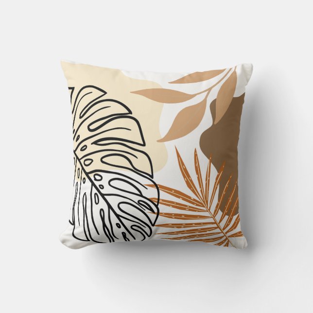 Coussin Palm Abstrait moderne Feuille Beige Earth Tone (Recto)