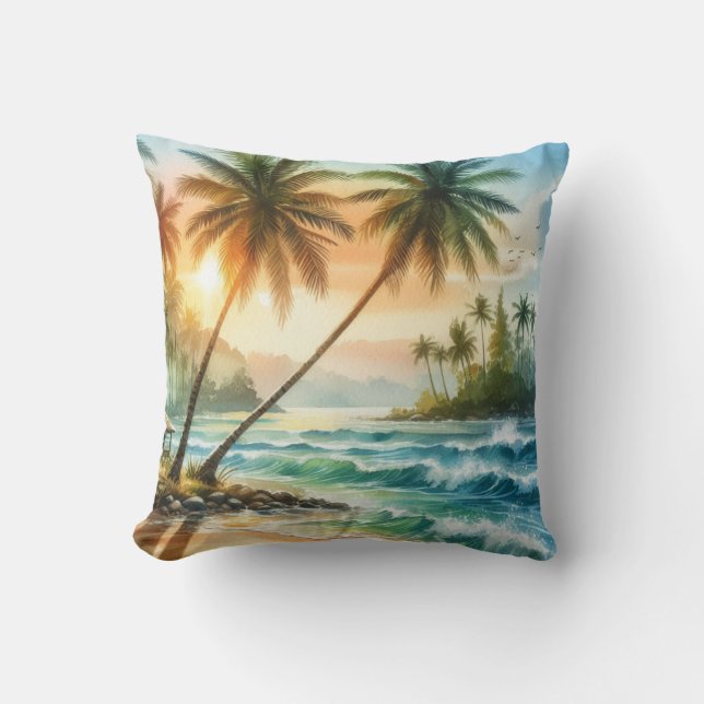 Coussin Palm Trees Plage tropicale Océan Vagues coucher de (Recto)