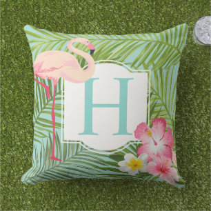 Coussin Palme de Flamant Tropical Hawaïen Monogramme Initi