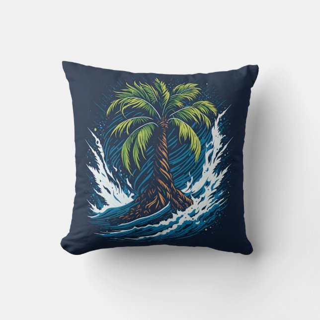Coussin Palmier en style peinture avec vague (Recto)