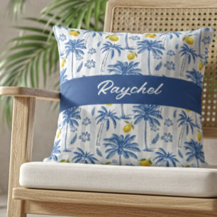 Coussin Palmier Toile Bleu Citrons Monogramme Nom