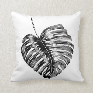 Coussin Palmier tropical à feuilles de monstère noir et