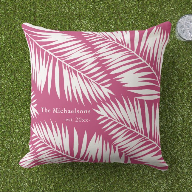 Coussin Palmiers roses et blancs avec nom de famille (Herbe)