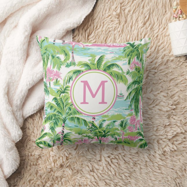 Coussin Palmiers tropicaux rose et vert de Preppy Monogram (Couverture)