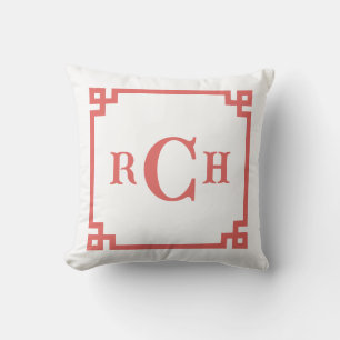 Coussin Pamplemousse Rouge Chinoiserie Grec Clé Monogramme